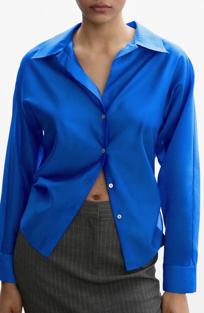 MANGO Satin Button-Up Shirt in Blue Cover