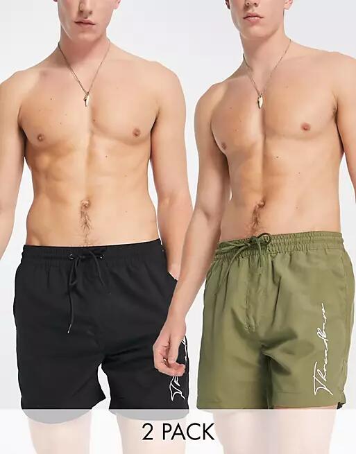 Threadbare ban 2 pack swim shorts with script logo in black and khaki Cover