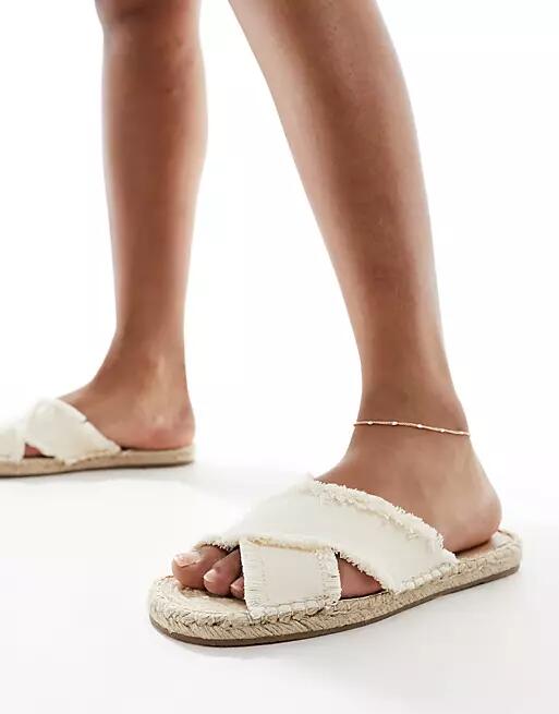 South Beach linen cross over espadrille mule sandals in cream-White Cover