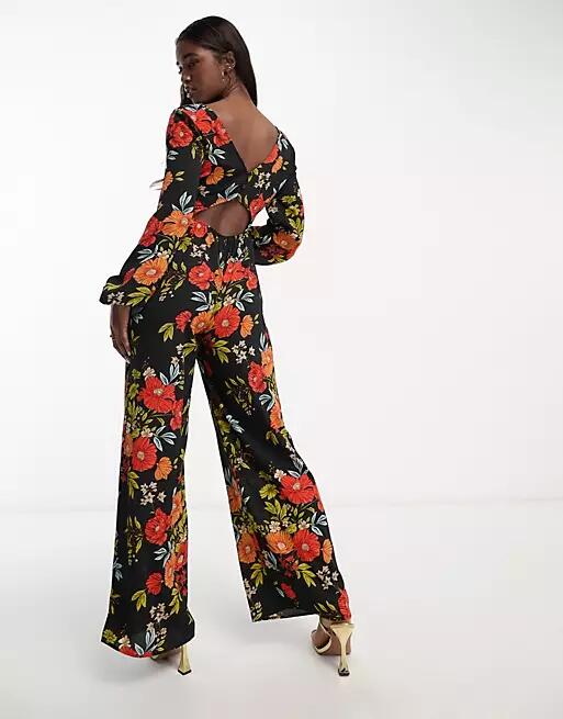 ASOS DESIGN bubble crepe button back long sleeve jumpsuit in floral print-Multi Cover