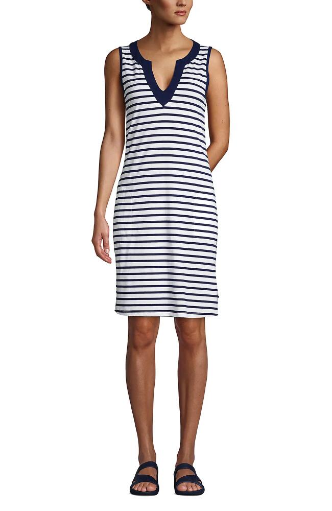 Lands' End Long Cotton Jersey Sleeveless Swim Cover-up Dress Print in White/deep Sea Stripe Cover