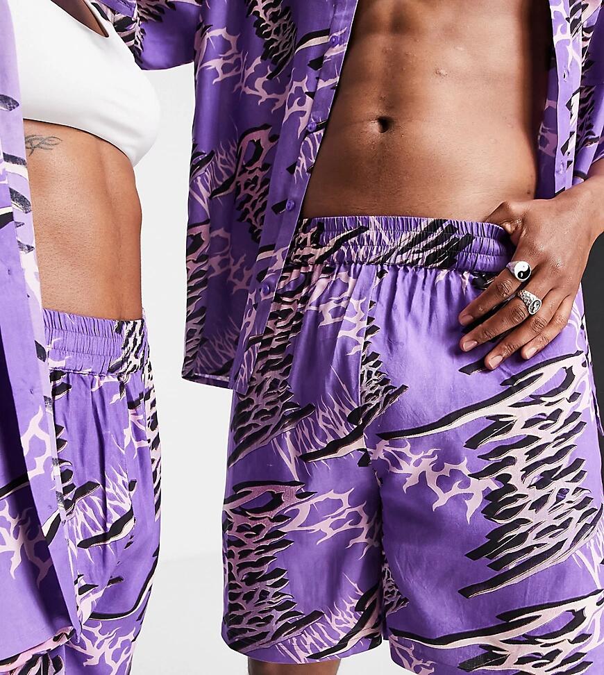 COLLUSION Unisex typo print shorts in purple - part of a set Cover