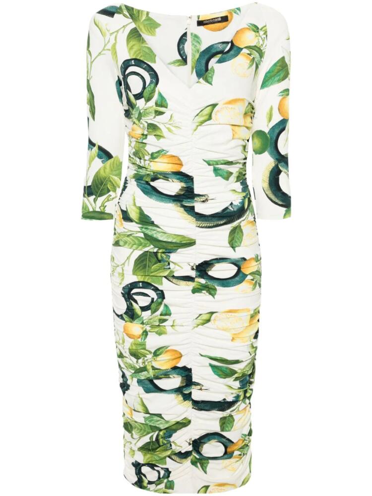 Roberto Cavalli lemon-print ruched midi dress - Neutrals Cover