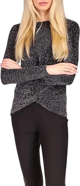 MICHAEL Michael Kors Twist Hem Long Sleeve Top (Black/Silver) Women's Clothing Cover