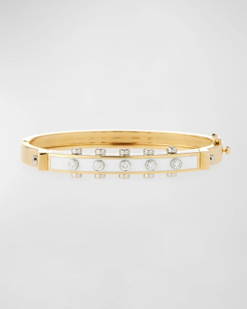 David Webb "Motif" Studlette 18k Gold & Enamel Bangle Bracelet with Platinum-Set Diamonds, White Cover