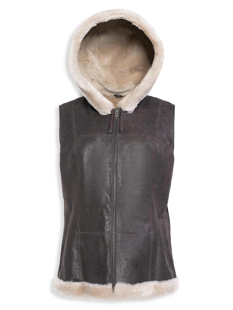 WOLFIE FURS Women's Made For Generations Shearling Hooded Vest - Nubuck Brown Cover