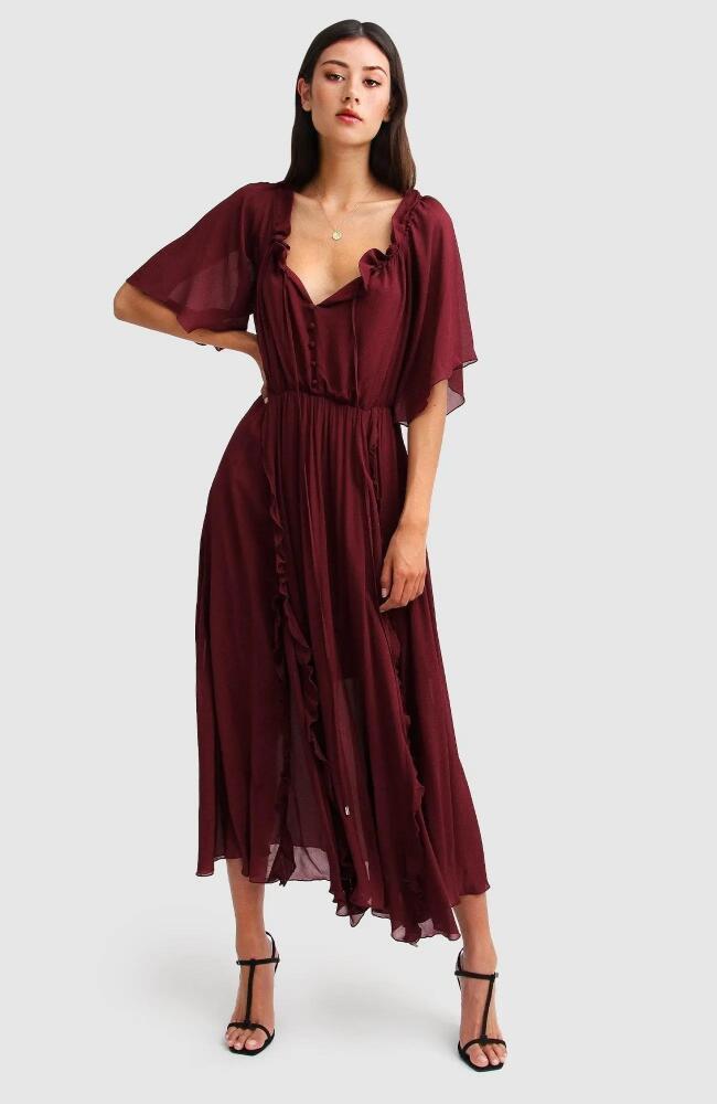 Belle & Bloom Amour Amour Ruffled Midi Dress in Burgundy Cover