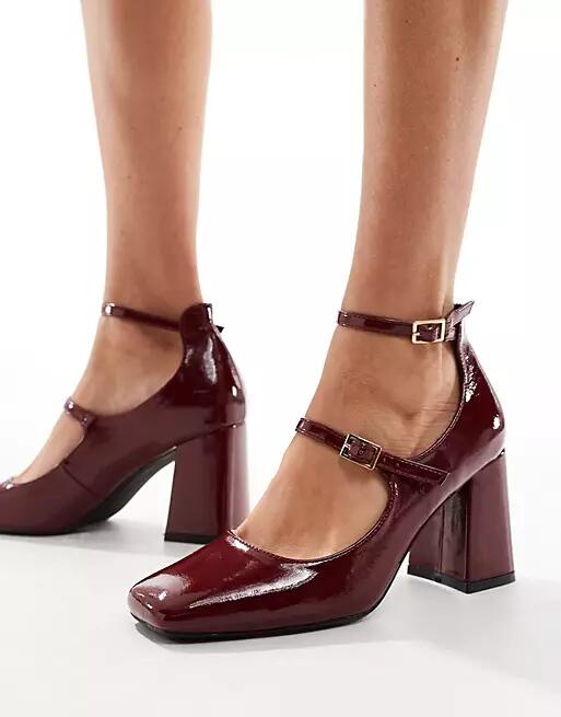 Simmi London Wide Fit Vinda mid block heel shoes with straps in dark red Cover