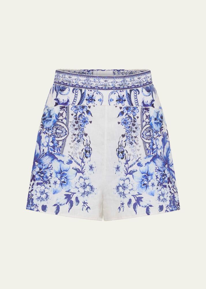 Camilla Wide Waistband Floral Linen Silk Shorts Cover