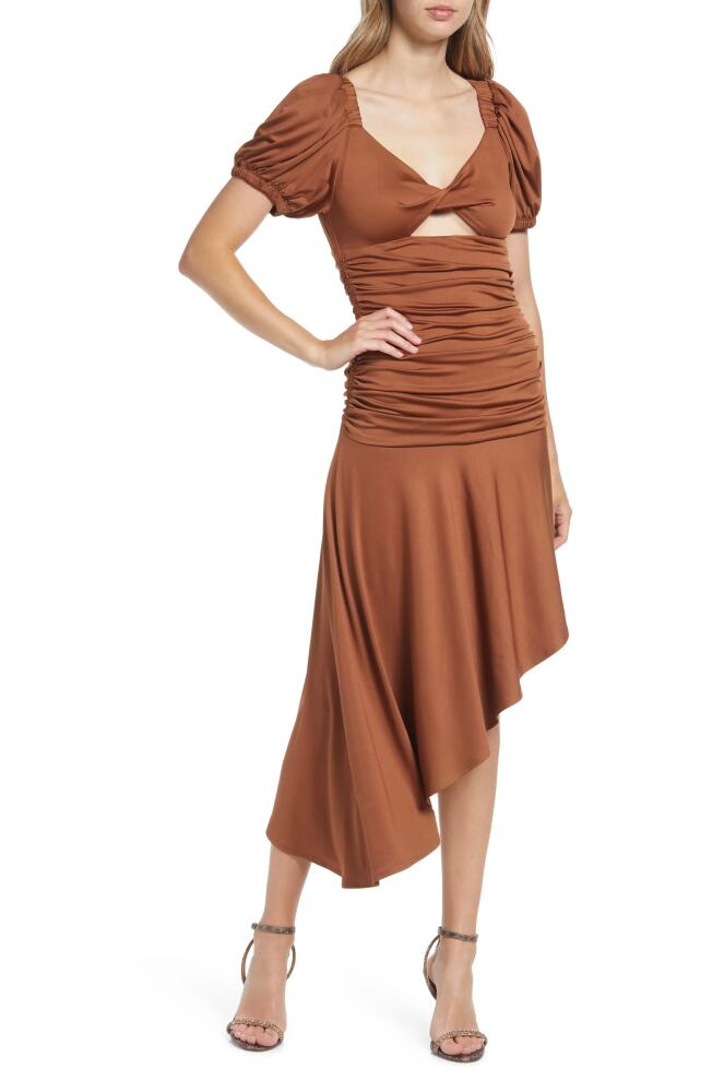 Black Halo Maxine Puff Sleeve Twist Front Asymmetric Hem Dress in Hazelnut Cover