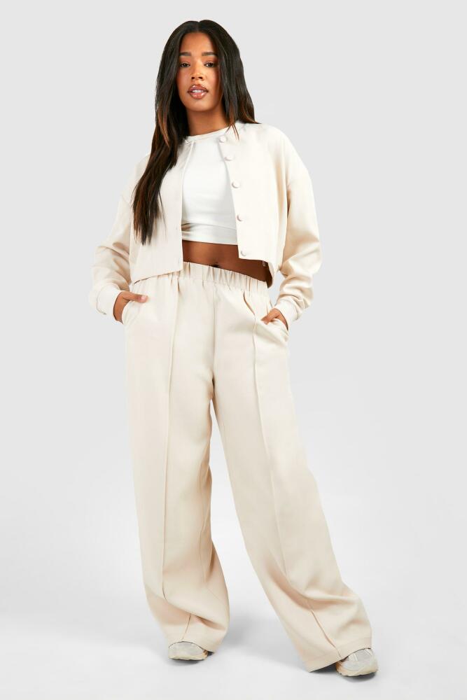 boohoo Womens Plus Tailored Seam Front Slouchy Wide Leg Pants - Cream Cover