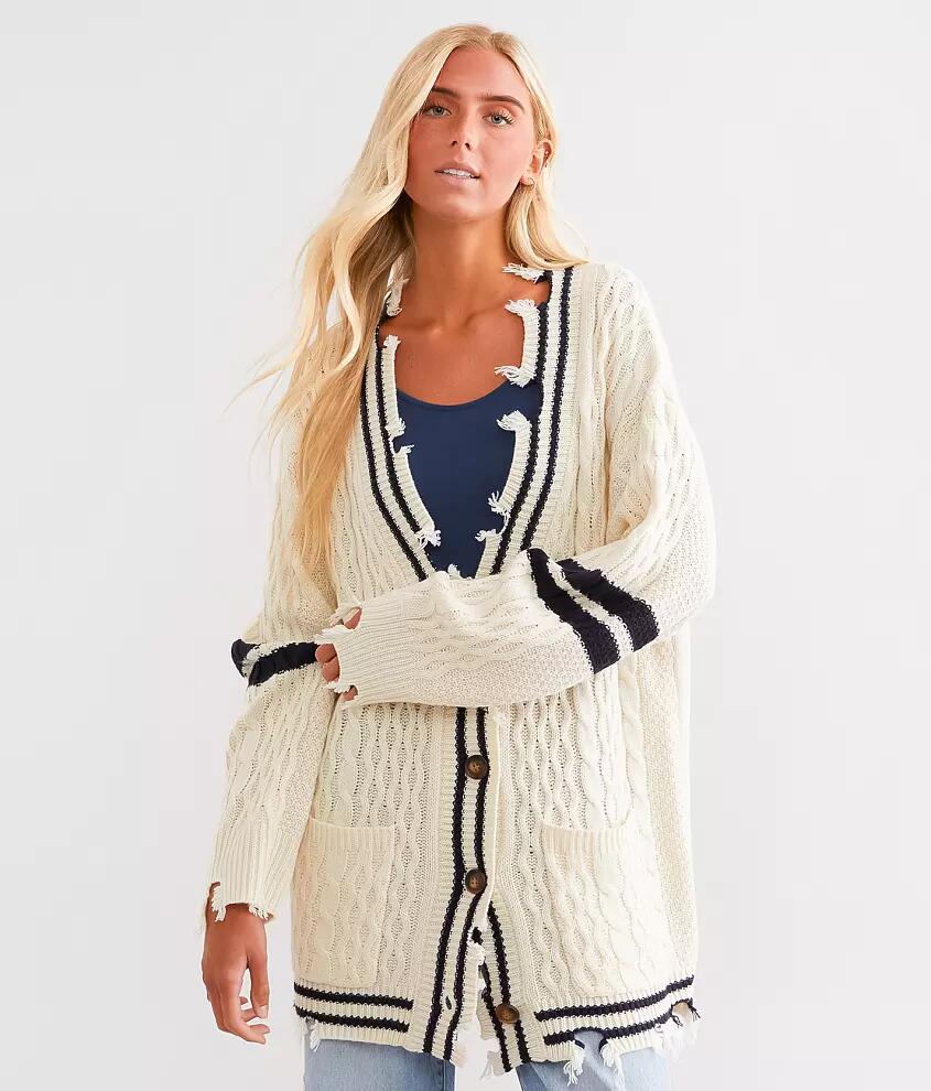 BKE Destructed Varsity Oversized Cardigan Sweater Cover