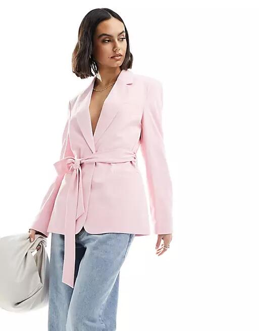 ASOS DESIGN tailored belted blazer in pink Cover