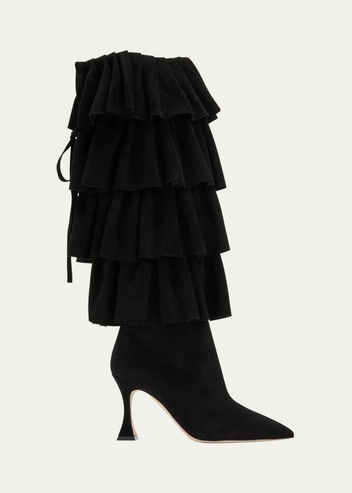 Manolo Blahnik Miralone Ruffled Suede Knee Boots Cover