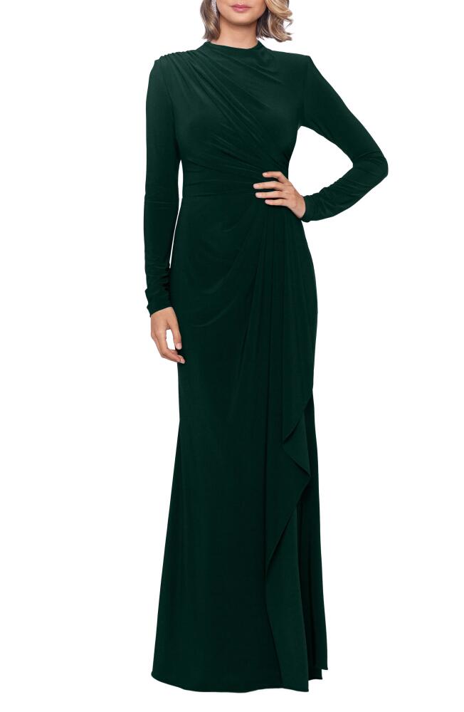 Betsy & Adam Ruffle Long Sleeve Sheath Gown in Forest Cover