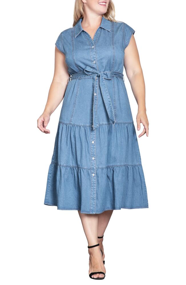 Standards & Practices Tiered Denim Midi Shirtdress in Blue Rinse Cover