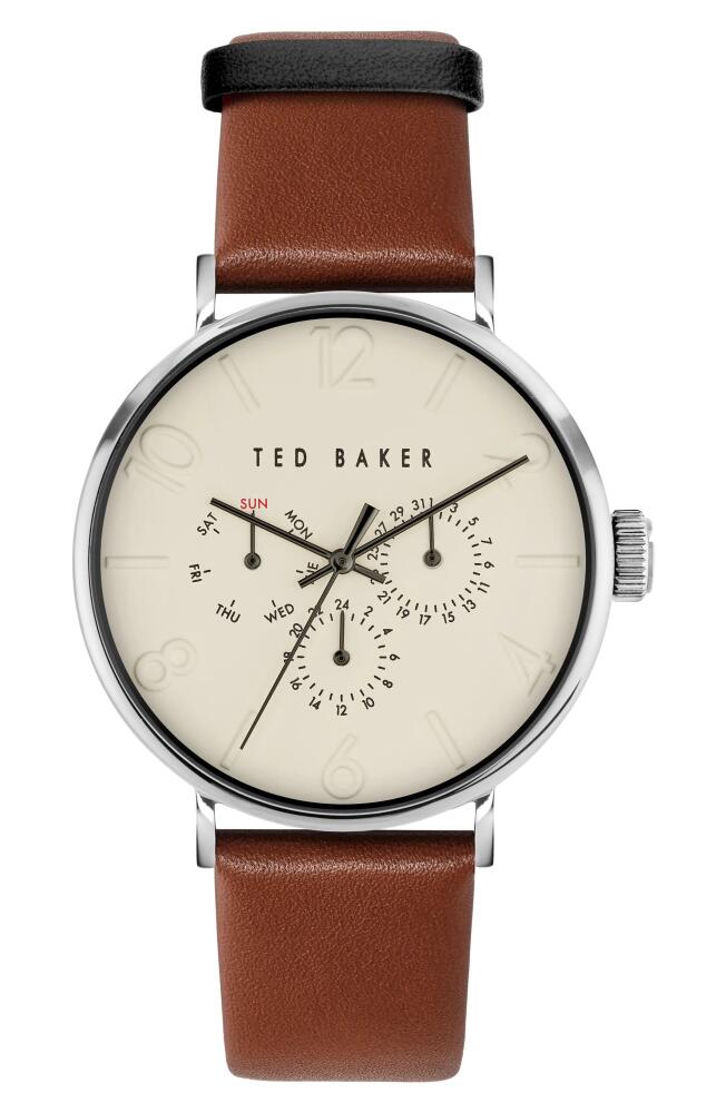 Ted Baker London Phylipa Gents Leather Strap Watch, 41mm in Silver/Cream/Brown Cover