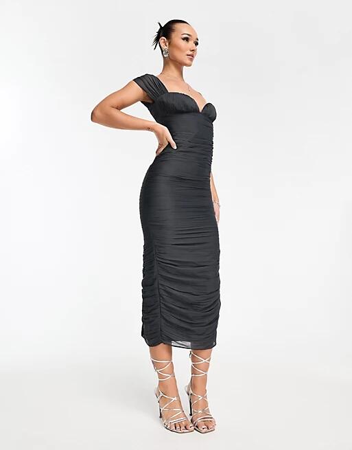 ASOS DESIGN ruched bodycon midi dress in charcoal gray Cover