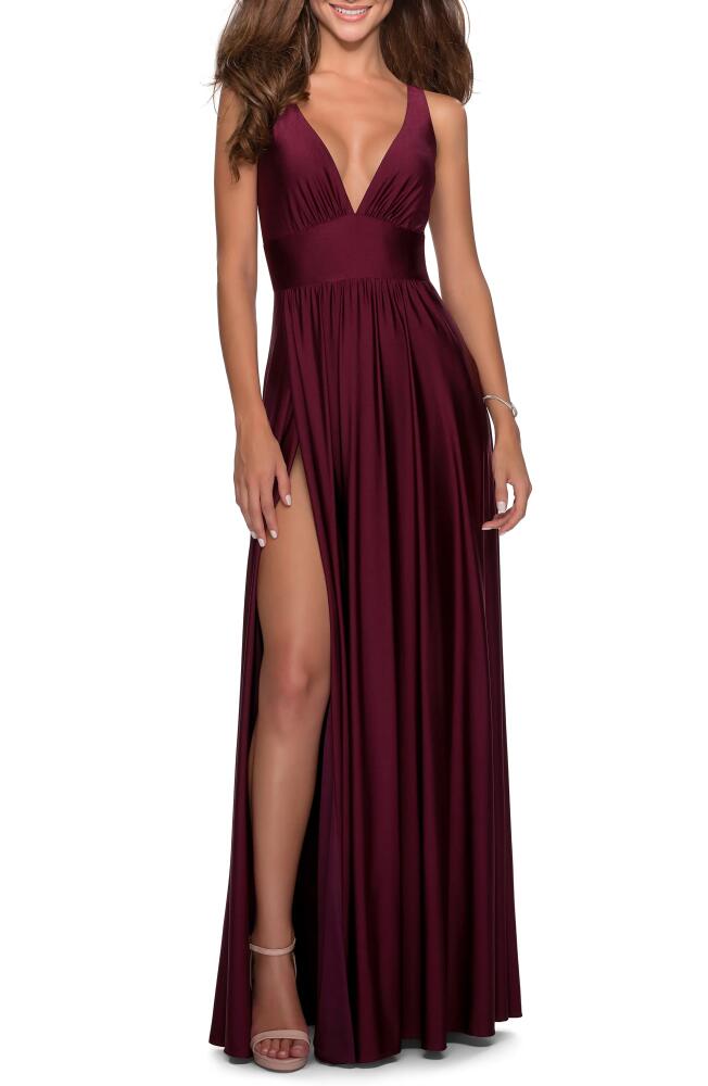 La Femme Plunge Neck A-Line Gown in Dark Berry Cover