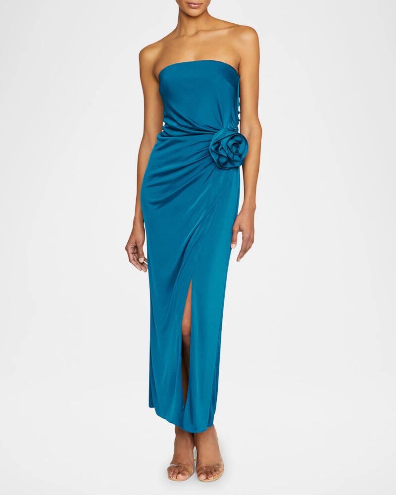 Monique Lhuillier Corinne Strapless Side-Slit Rosette Midi Dress Cover