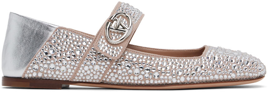 Valentino Garavani Silver & Pink VLogo Locker Mary-Jane Ballerina Flats Cover