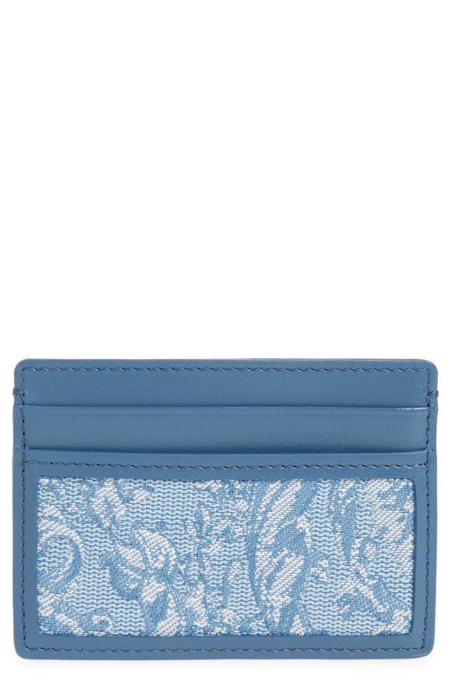 Versace Floral Jacquard & Leather Card Case in Blue Gentian Rutenium Cover