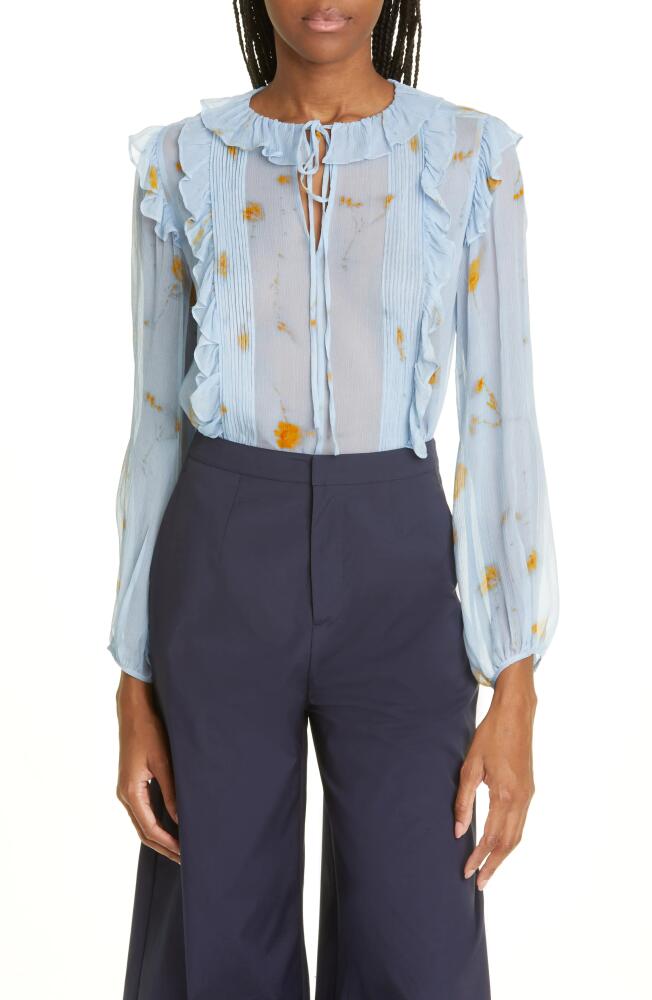 JASON WU Floral Ruffle Tie Neck Silk Blouse in Robin Blue Multi Cover