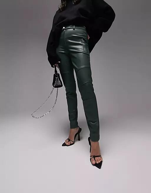 Topshop faux leather skinny fit biker pants in khaki-Green Cover