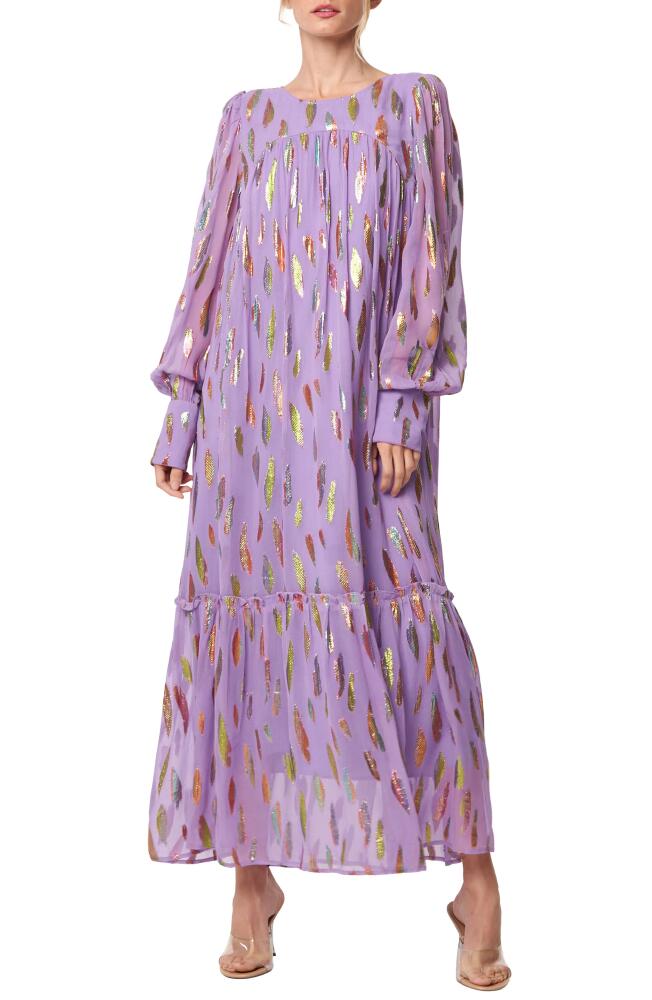 CIEBON Eryn Metallic Print Tie Waist Long Sleeve Maxi Dress in Lilac Cover