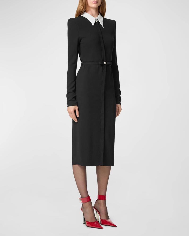 Versace Contrast-Collar Belted Viscose Sable Stretch Midi Shirtdress Cover