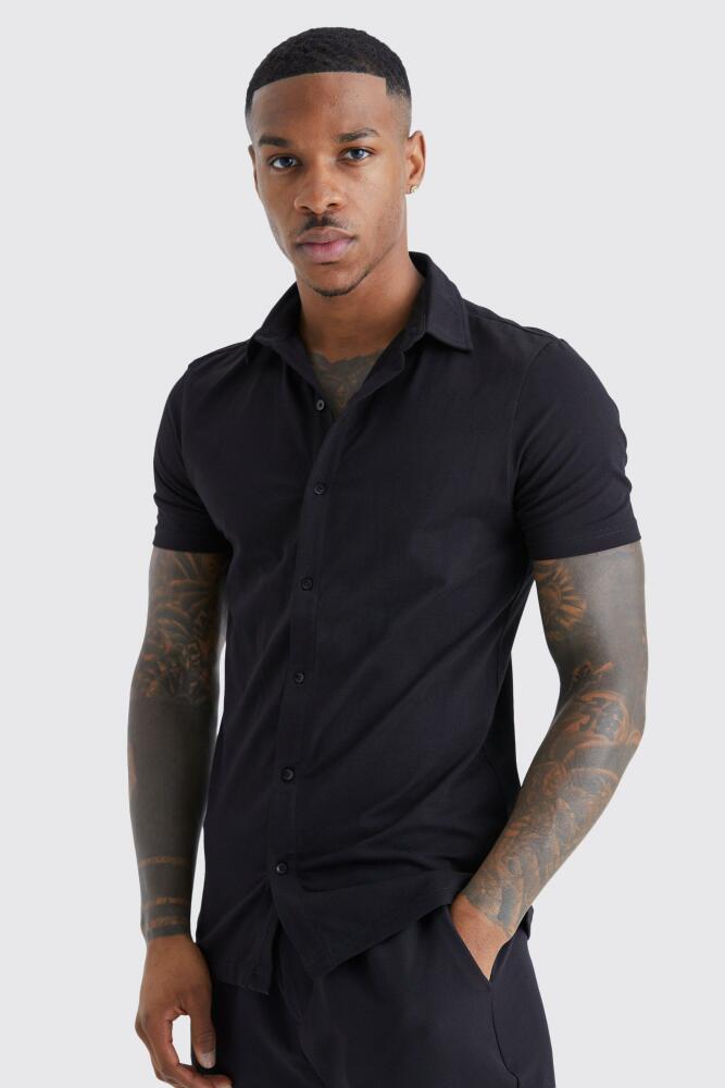 boohoo Mens Short Sleeve Stretch Fit Jersey Knit Shirt - Black Cover