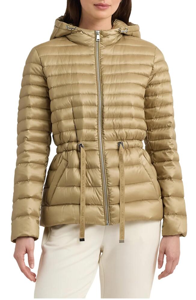 Lauren Ralph Lauren Logo Tape Detail Hooded Down Puffer Jacket in Burnished Tan Cover