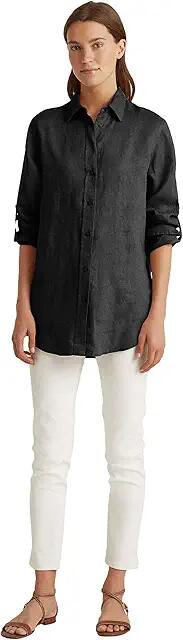 LAUREN Ralph Lauren Roll-Tab-Sleeve Linen Shirt (Polo Black) Women's Clothing Cover