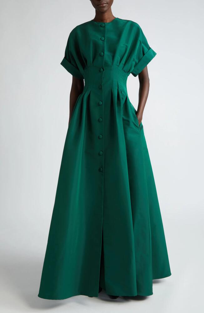 Carolina Herrera Cuffed Short Sleeve Button Front Silk Faille Gown in Spruce Green Cover