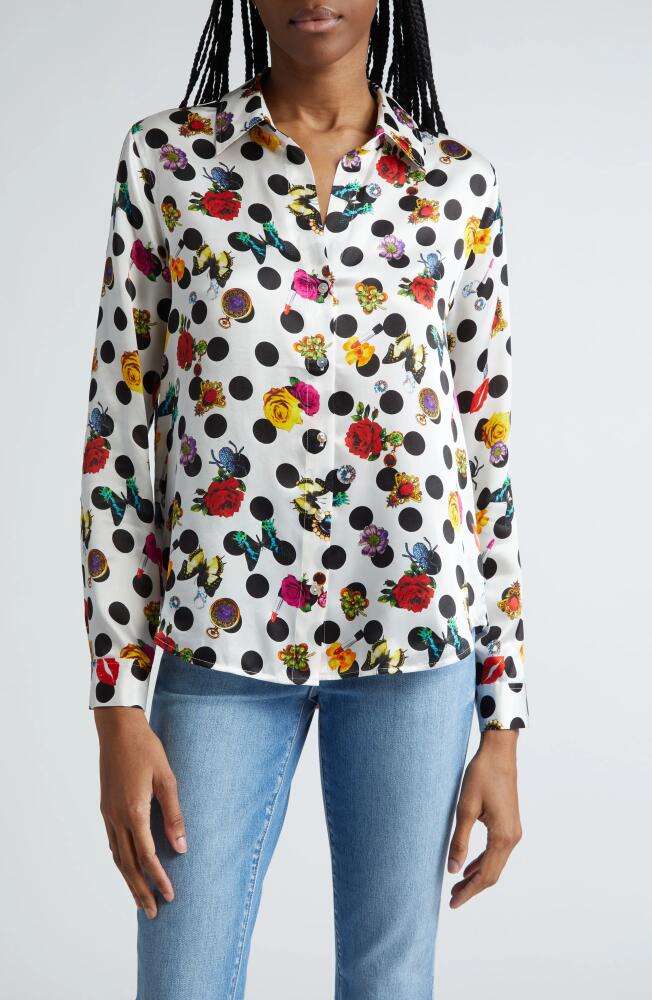 L'AGENCE Tyler Floral Polka Dot Silk Button-Up Shirt in White Multi Crystal Dot Cover