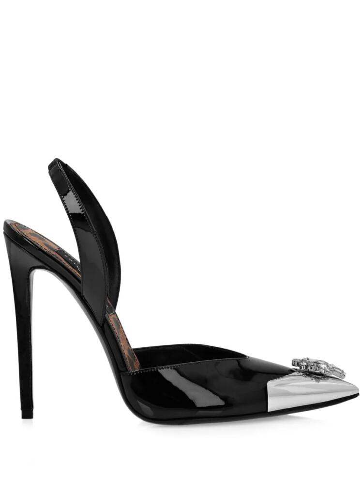 Philipp Plein diamond brooch patent leather slingback pumps - Black Cover