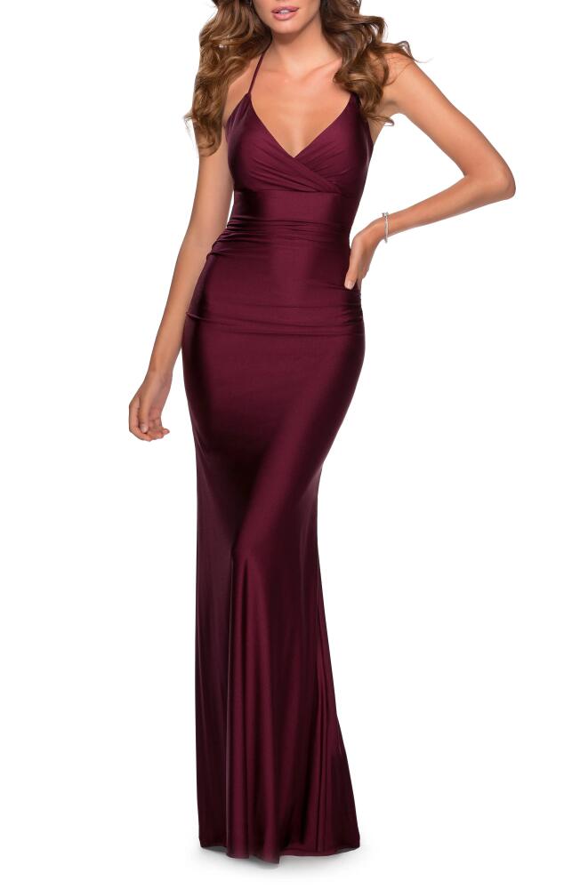 La Femme Strappy Back Trumpet Gown in Dark Berry Cover