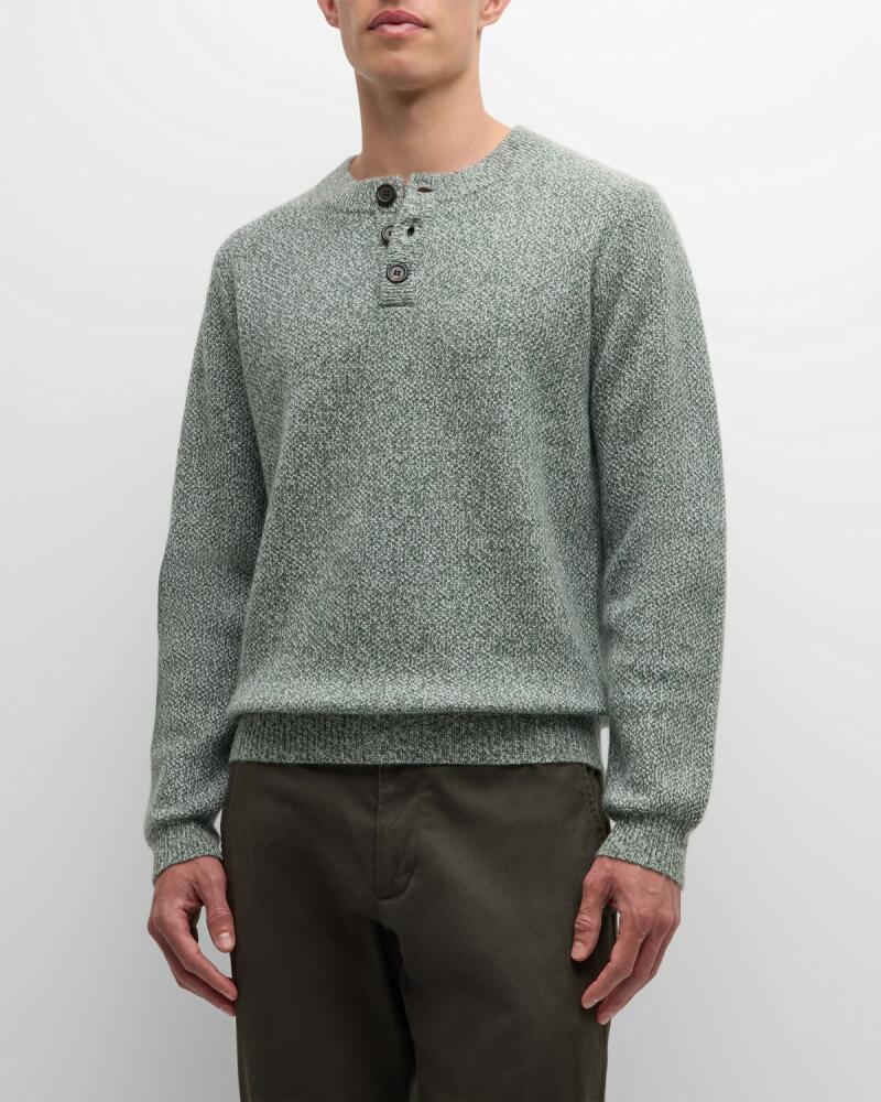 Neiman Marcus Cashmere Collection Men's Marled Button Crewneck Sweater Cover