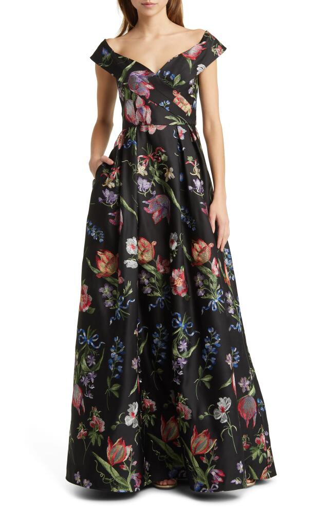 Marchesa Notte Floral Embroidered Off-the-Shoulder A-Line Gown in Black Multi Cover