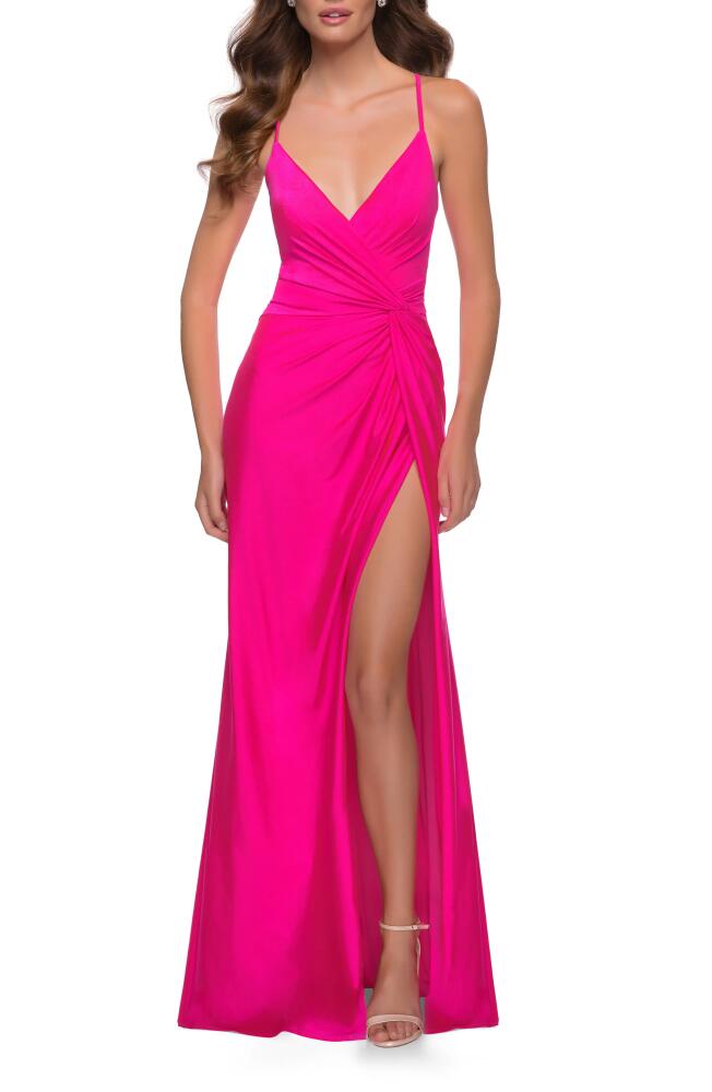 La Femme Strappy Back Jersey Gown in Hot Pink Cover