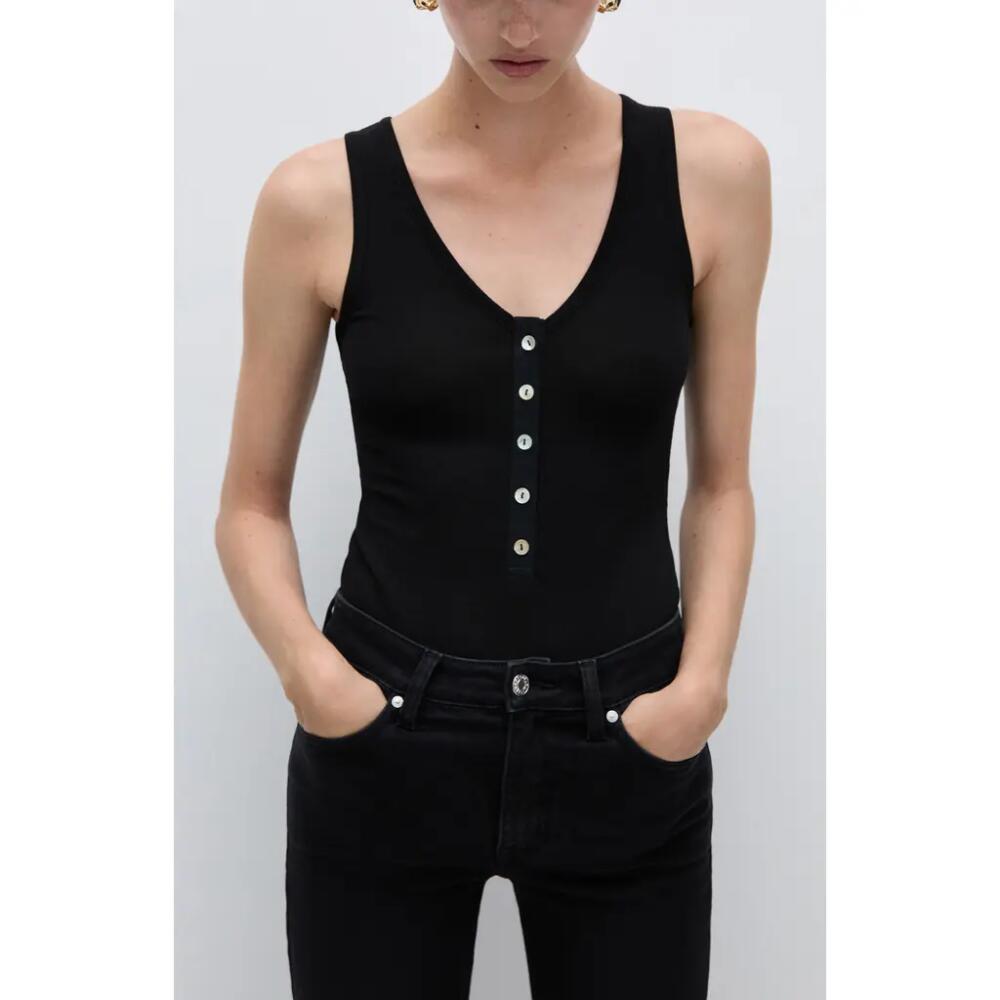 MANGO Button Front Tank Bodysuit in Black Cover