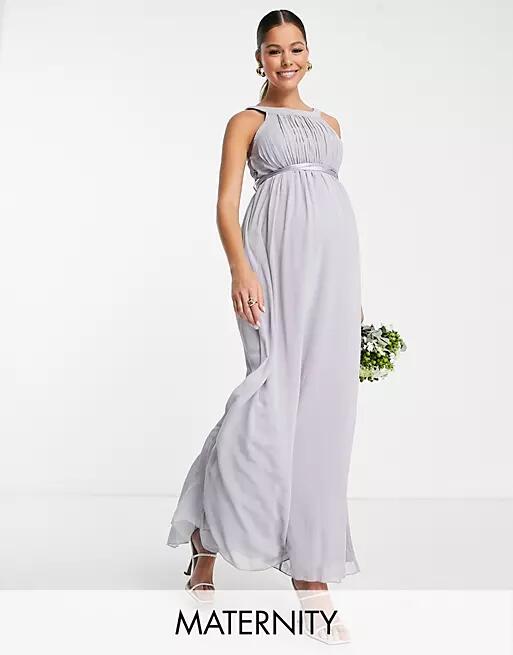 Little Mistress Maternity Bridesmaid open shoulder maxi dress in gray blue Cover