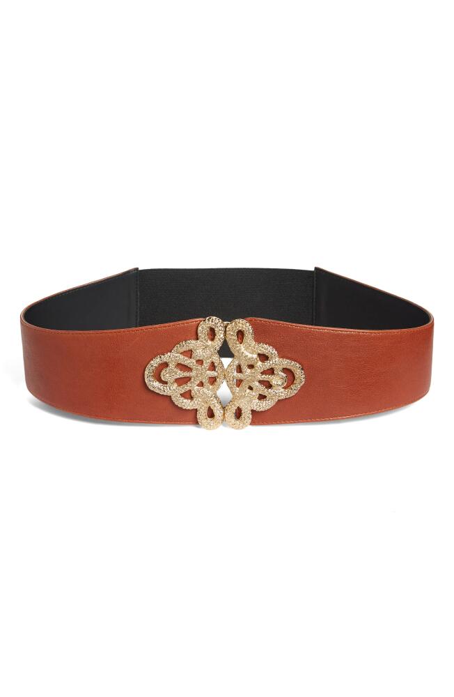 Raina Christian Snake Leather Belt in Cognac/Gold Cover