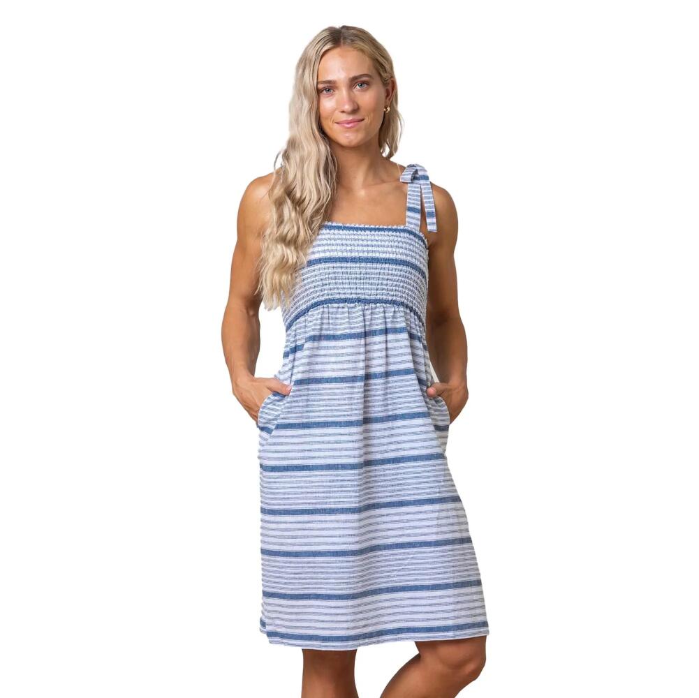 Hope & Henry Women's Smocked Bow Shoulder Sundress in Dark Blue Variegated Stripe Cover