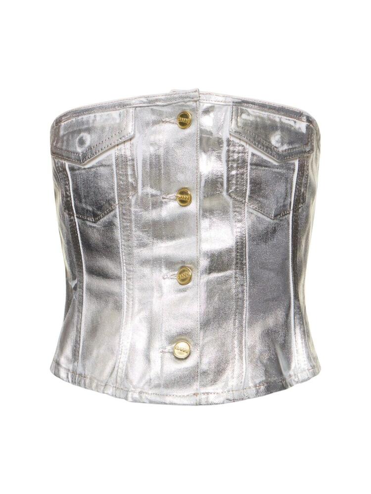 GANNI Foil Coated Denim Corset Top Cover