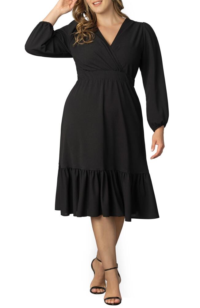 Kiyonna Portia Long Sleeve Midi Faux Wrap Cocktail Dress in Black Noir Cover