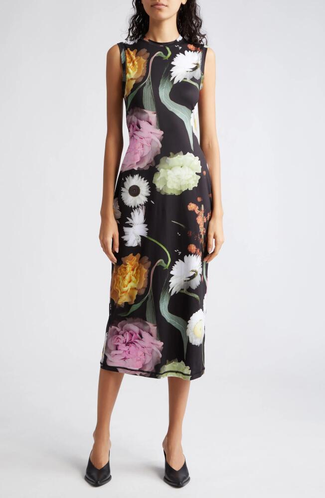 Stine Goya Danya Floral Semisheer Sleeveless Midi Dress in Scanned Foliage Cover