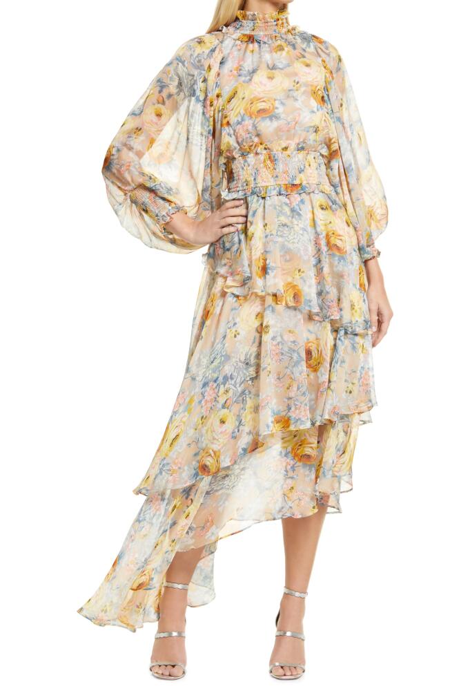 Elliatt Astrid Floral Print Long Sleeve Asymmetric Chiffon Dress in Beige Multi Cover