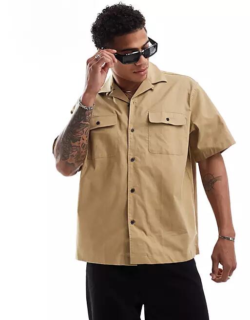 Selected Homme boxy oversized camp collar shirt with double pockets in beige-Neutral Cover