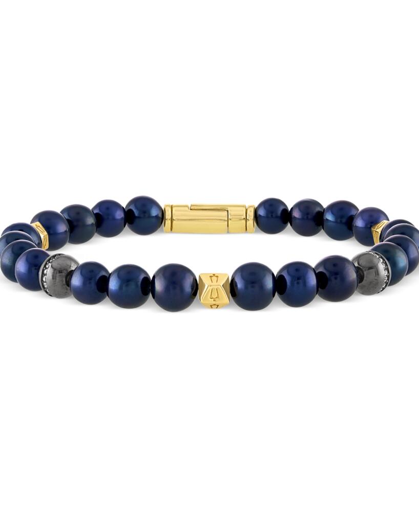 Bulova Men's Marine Star Blue Freshwater Pearl (8mm) & Diamond (1/5 ct. t.w.) Beaded Bracelet in 14k Gold-Plated Sterling Silver - Na Cover